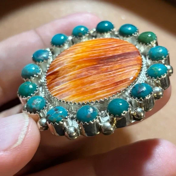 Beautiful Native American made sterling silver,turquoise, coral adjustable ring